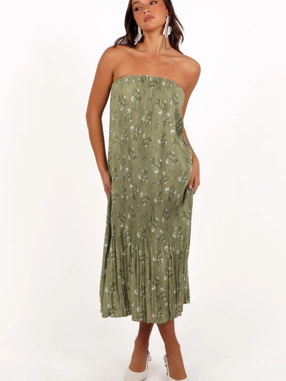 Petal & Pup Olive Green Strapless Pleated Floral Midi Dress